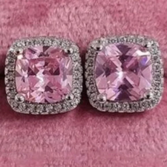Square Pink Sapphire & Rhinestone Earrings
